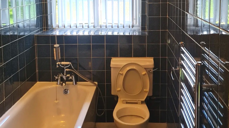 Bath, toilet and towel rails in navy-tiled finished bathroom